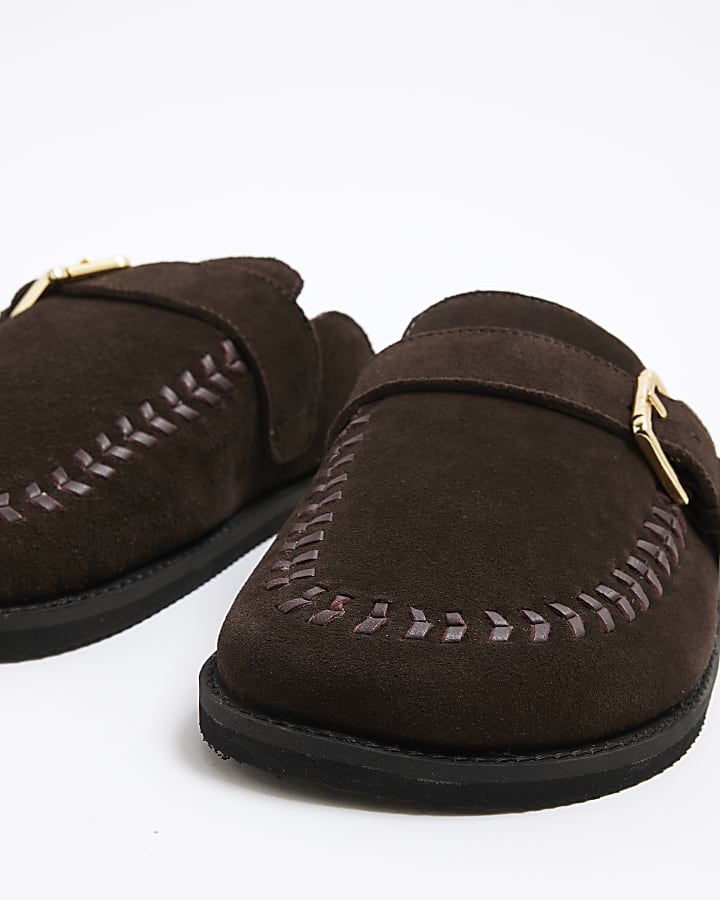 Brown Suede Buckle Clogs