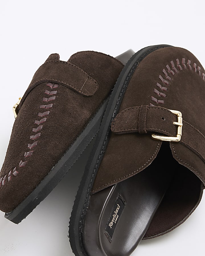 Brown Suede Buckle Clogs