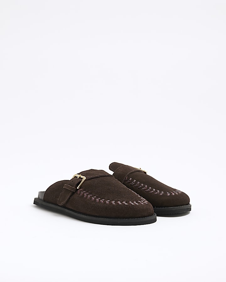 Brown Suede Buckle Clogs