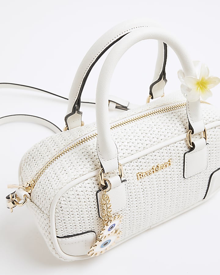 White Rectangle Raffia Bowler Bag