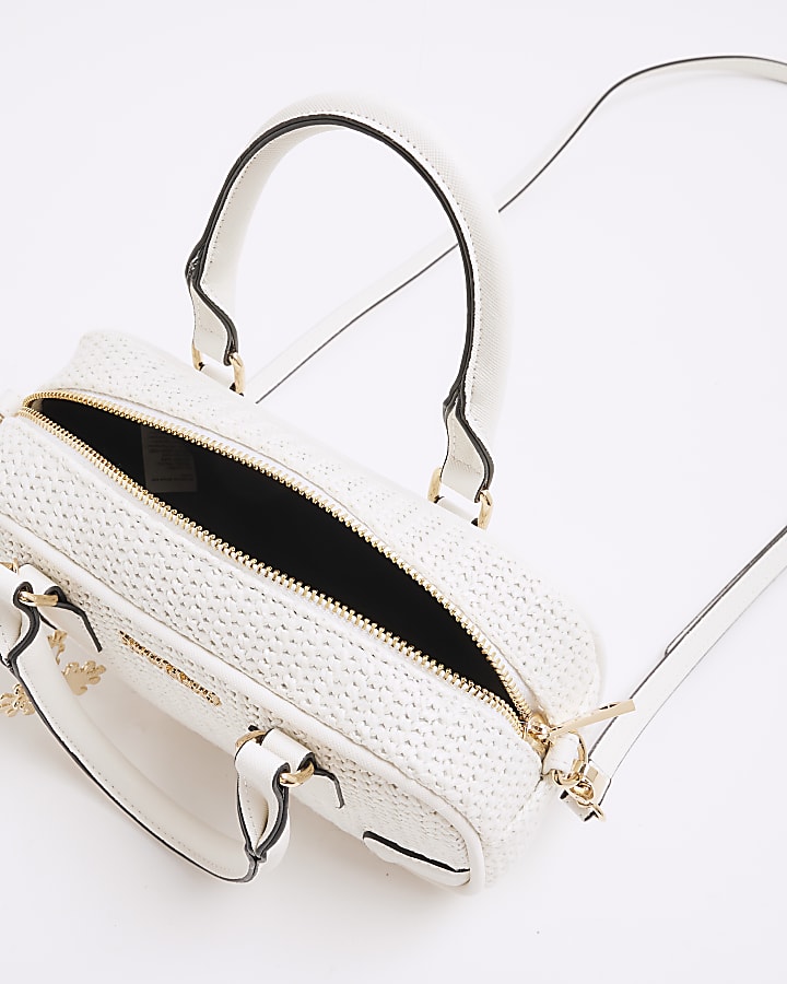 White Rectangle Raffia Bowler Bag