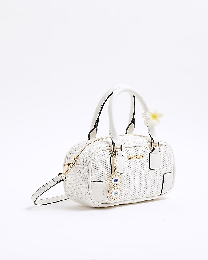 White Rectangle Raffia Bowler Bag