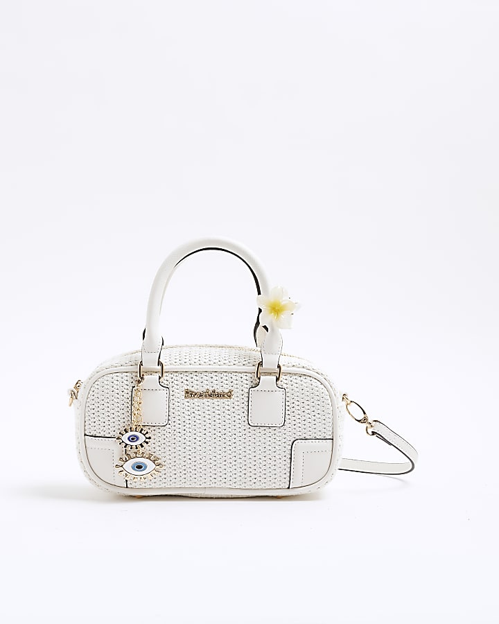 White Rectangle Raffia Bowler Bag