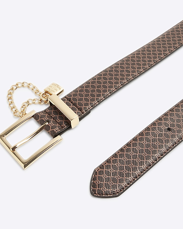 Brown Faux Leather Monogram Lock Belt