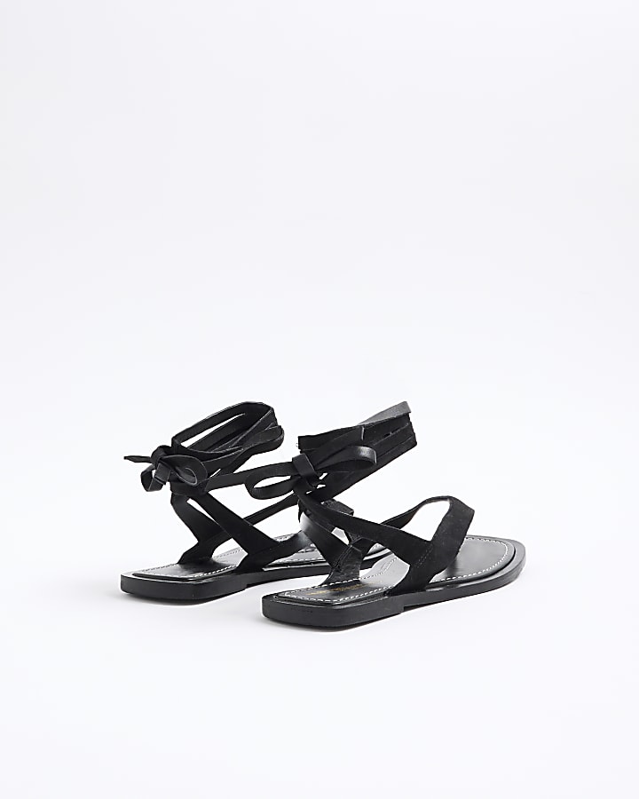 Black Suede Tie Up Flip Flop Sandals