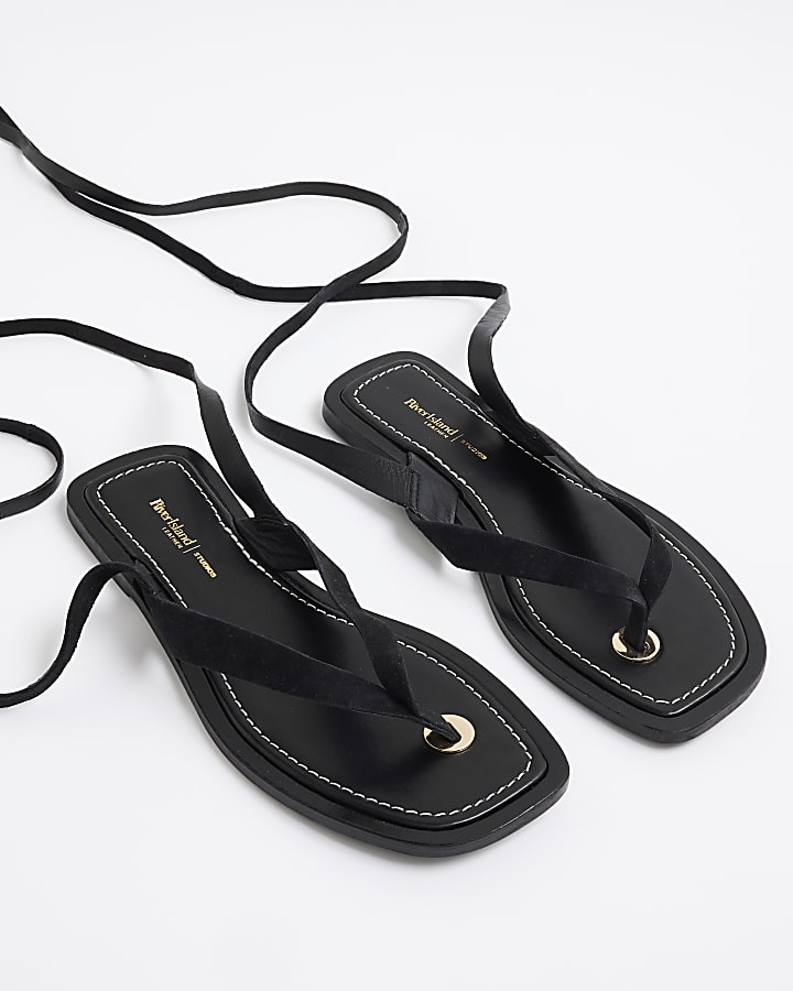 Black Suede Tie Up Flip Flop Sandals