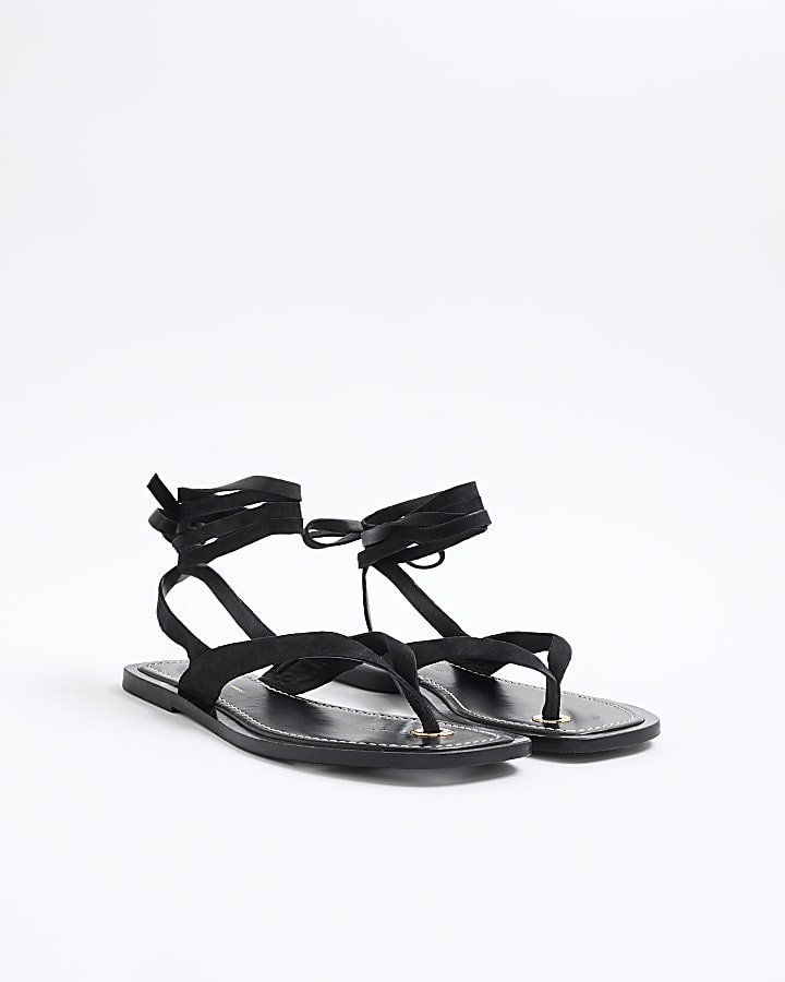 Black Suede Tie Up Flip Flop Sandals