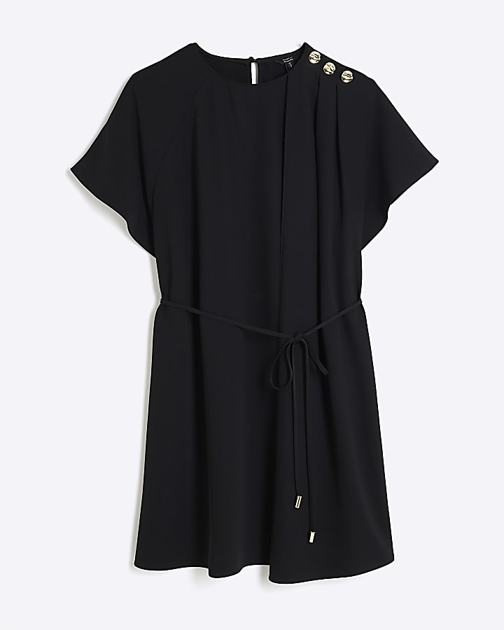 Black Short Sleeve Button Shift Dress