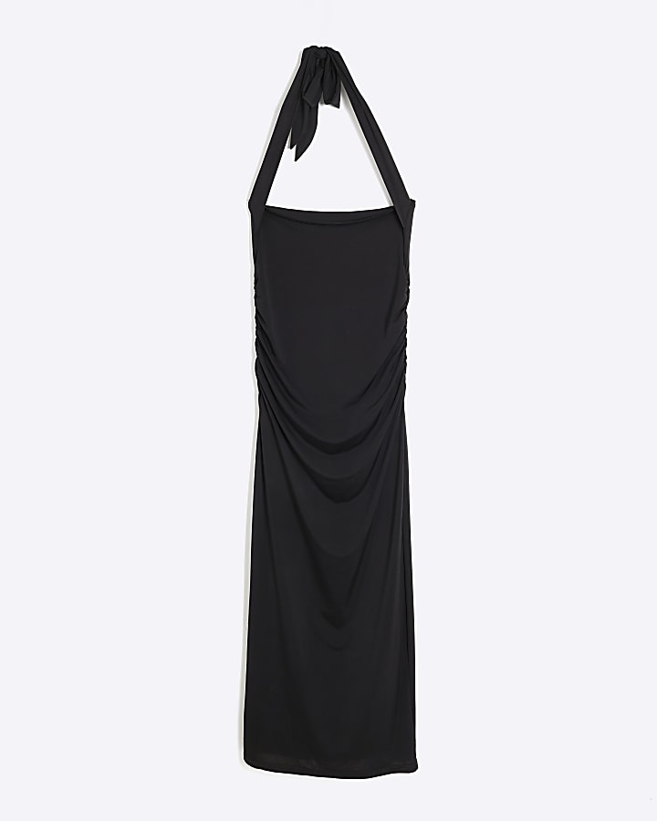 Black Sleeveless Halter Neck Midi Dress