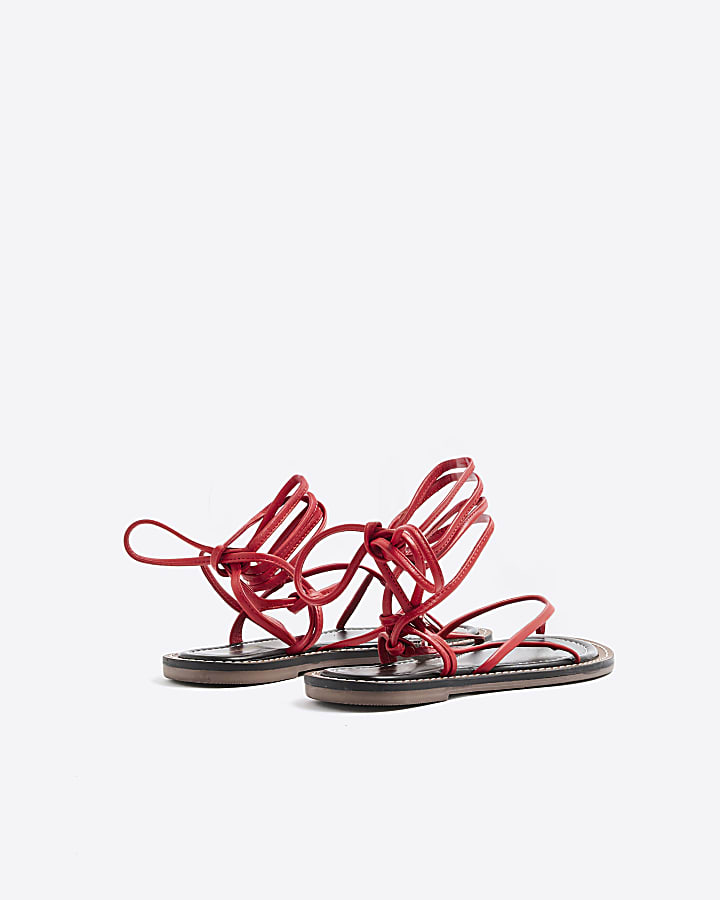 Red Leather Strappy Tie Up Sandals