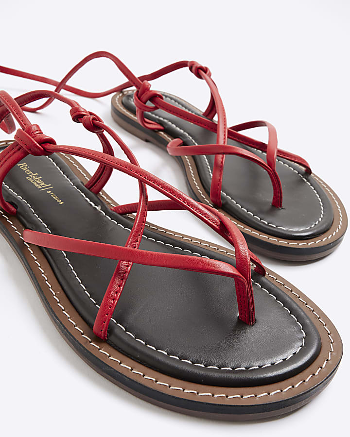 Red Leather Strappy Tie Up Sandals