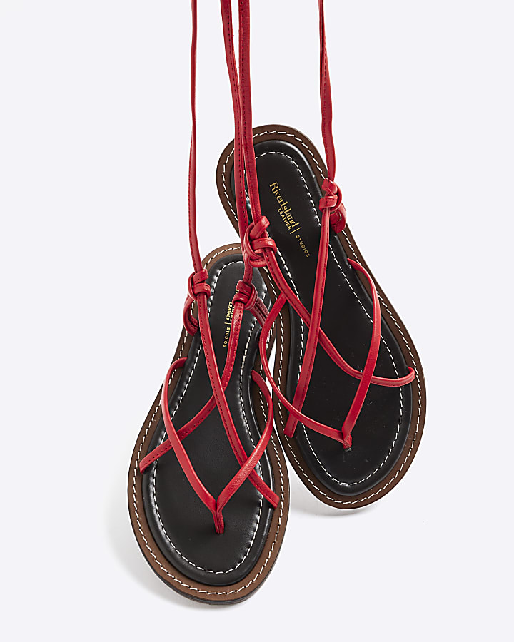 Red Leather Strappy Tie Up Sandals