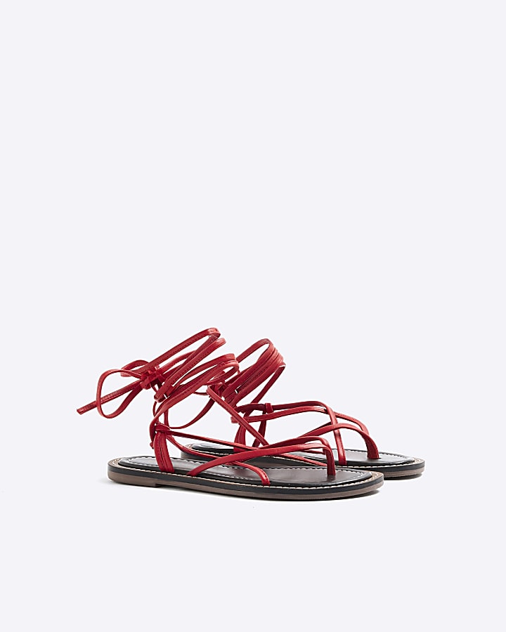 Red Leather Strappy Tie Up Sandals