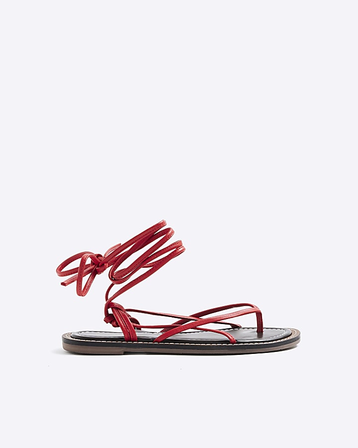 Red Leather Strappy Tie Up Sandals