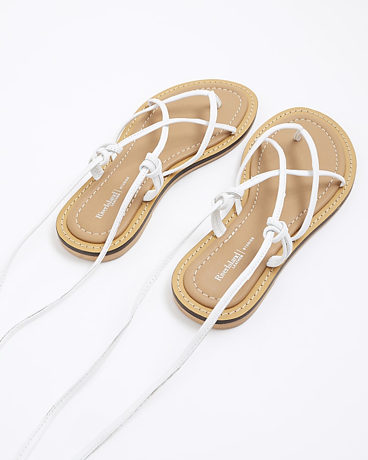 White Leather Strappy Tie Up Sandals
