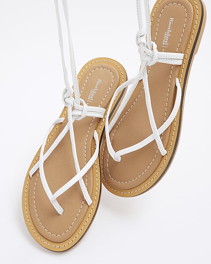 White Leather Strappy Tie Up Sandals