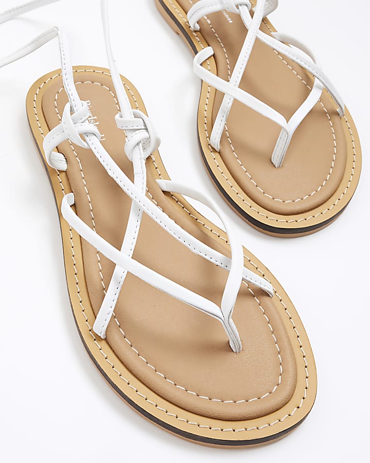 White Leather Strappy Tie Up Sandals