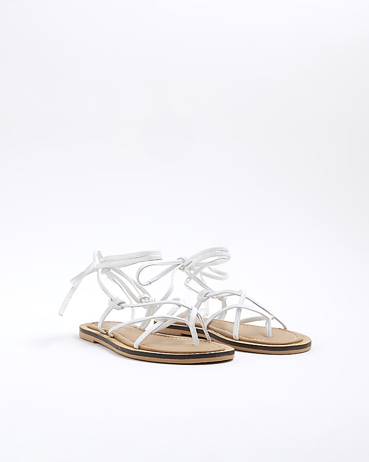 White Leather Strappy Tie Up Sandals
