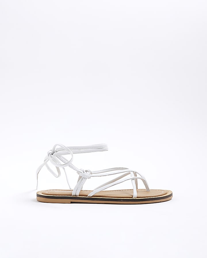 White Leather Strappy Tie Up Sandals