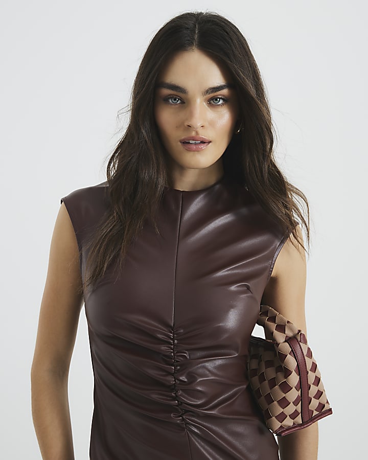 Brown Faux Leather Ruched Dress