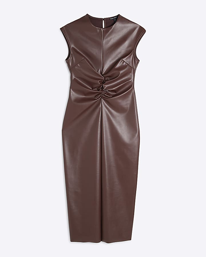 Brown Faux Leather Ruched Dress