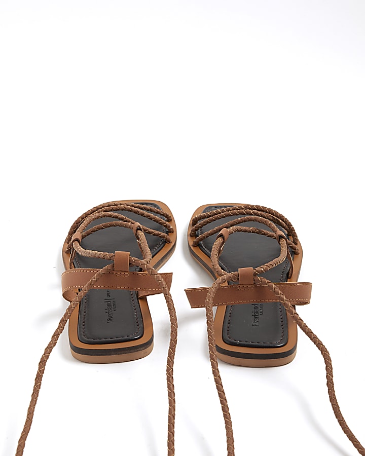 Brown Leather Plaited Tie Gladiator Sandals