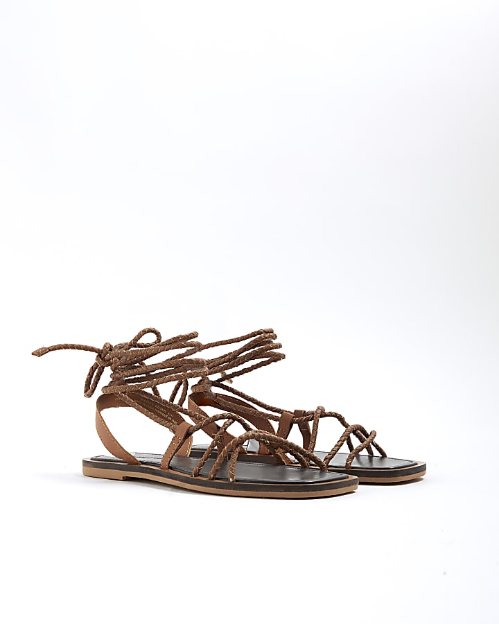 Brown Leather Plaited Tie Gladiator Sandals