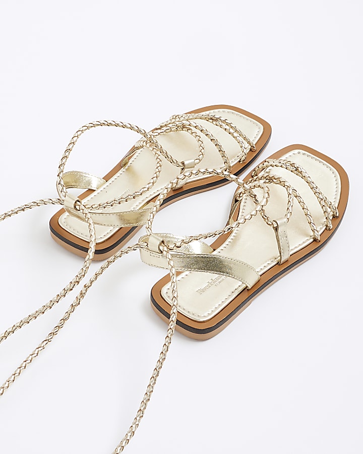 Gold Leather Plaited Tie Up Gladiator Sandals