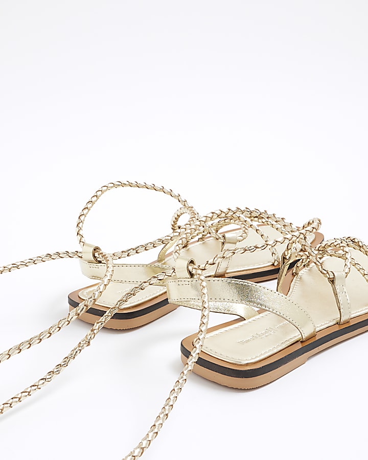 Gold Leather Plaited Tie Up Gladiator Sandals