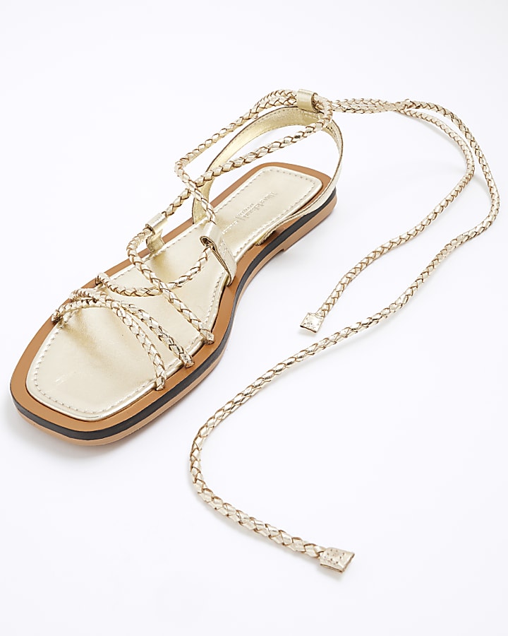 Gold Leather Plaited Tie Up Gladiator Sandals