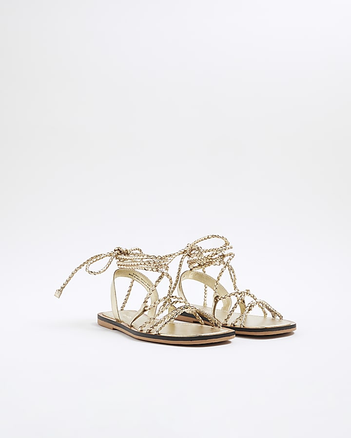 Gold Leather Plaited Tie Up Gladiator Sandals