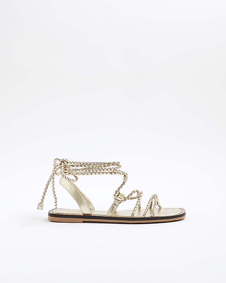 Gold Leather Plaited Tie Up Gladiator Sandals