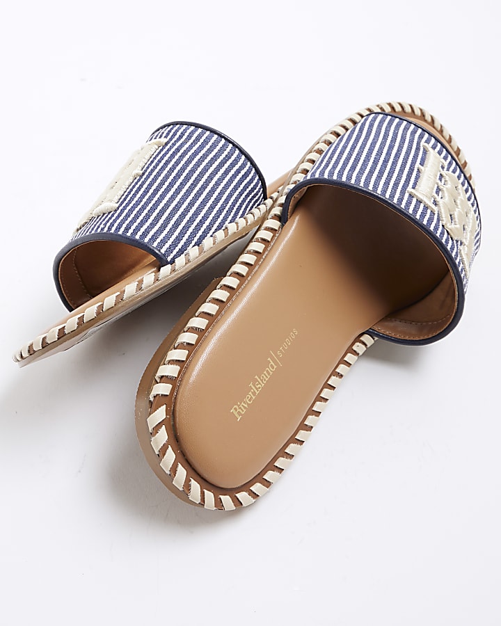 Navy Stripe Raffia Flat Sandals