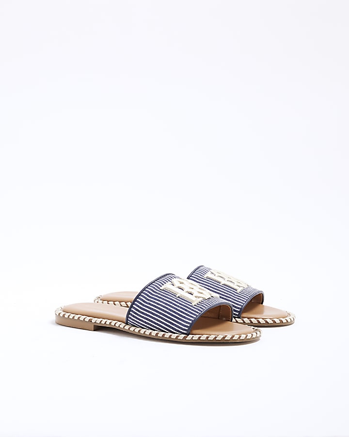 Navy Stripe Raffia Flat Sandals