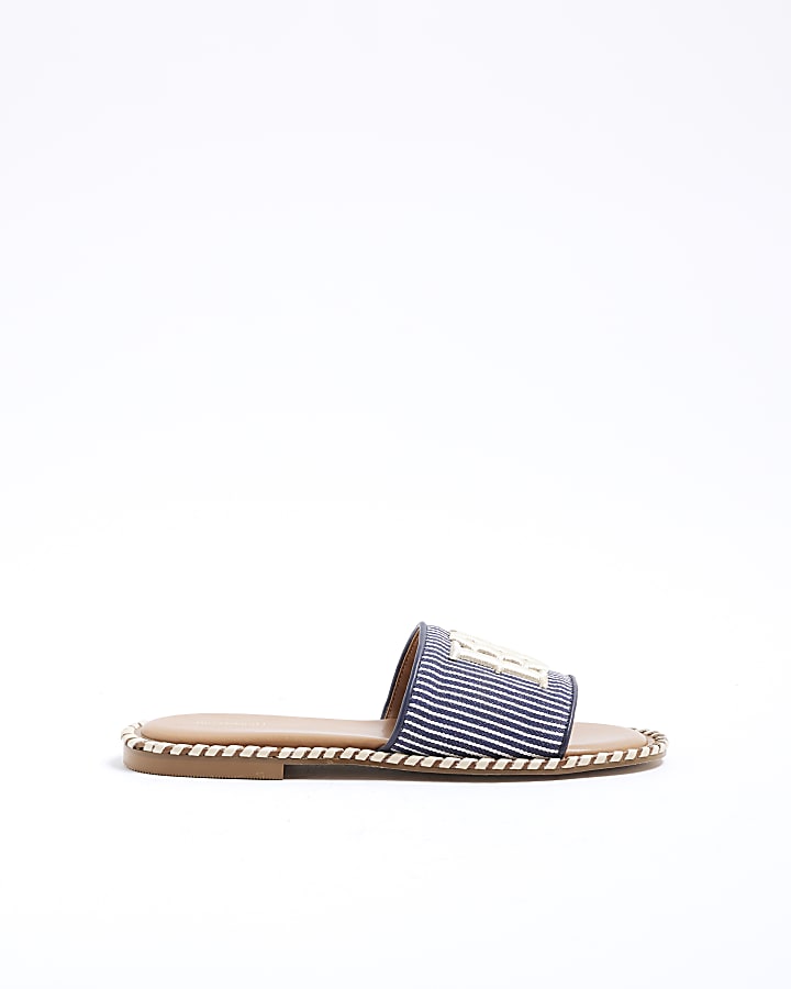 Navy Stripe Raffia Flat Sandals