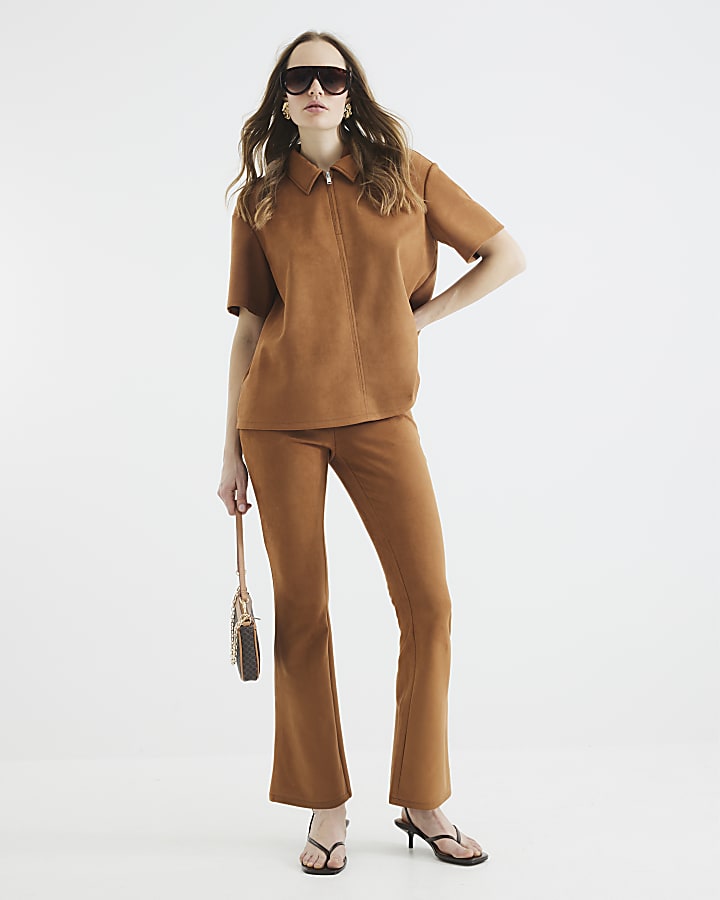 Brown Faux Suede Flared Trousers