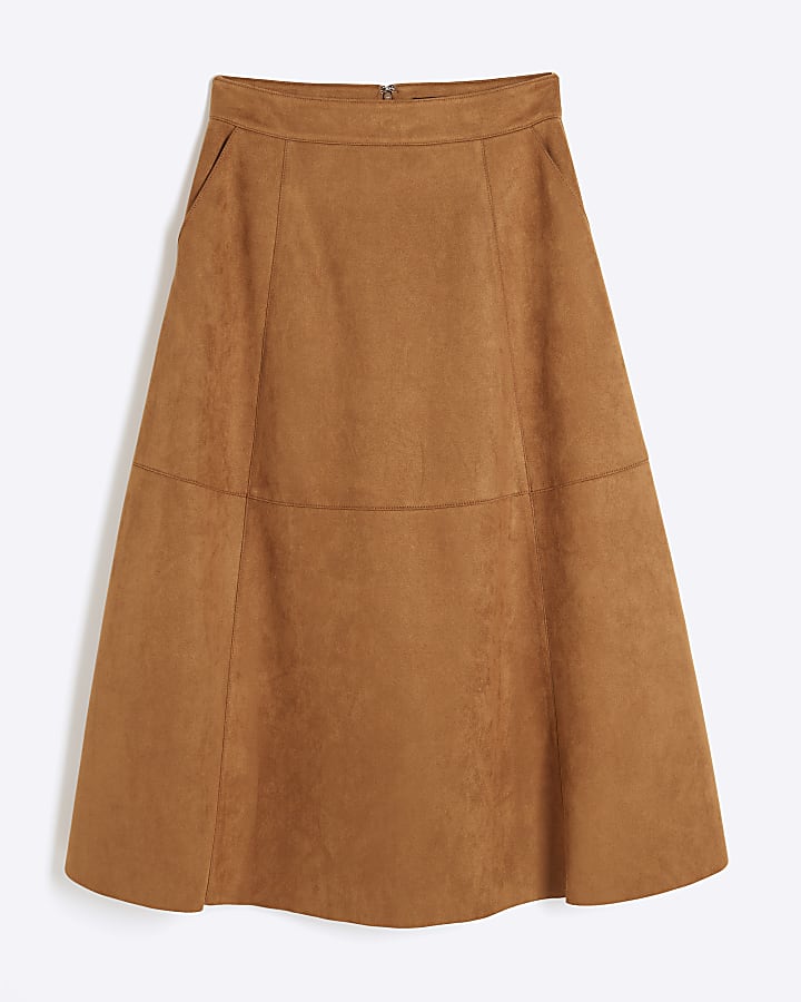 Brown faux suede Knee Length Midi Skirt