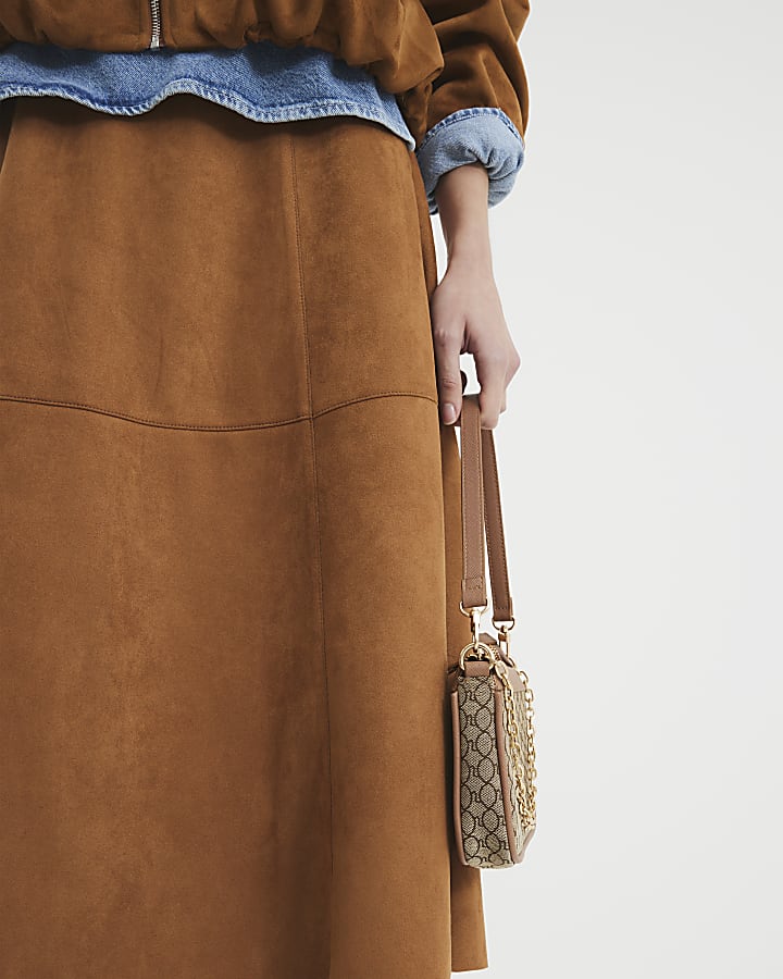 Brown faux suede Knee Length Midi Skirt