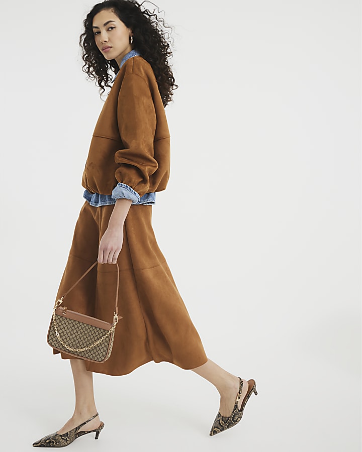 Brown faux suede Knee Length Midi Skirt