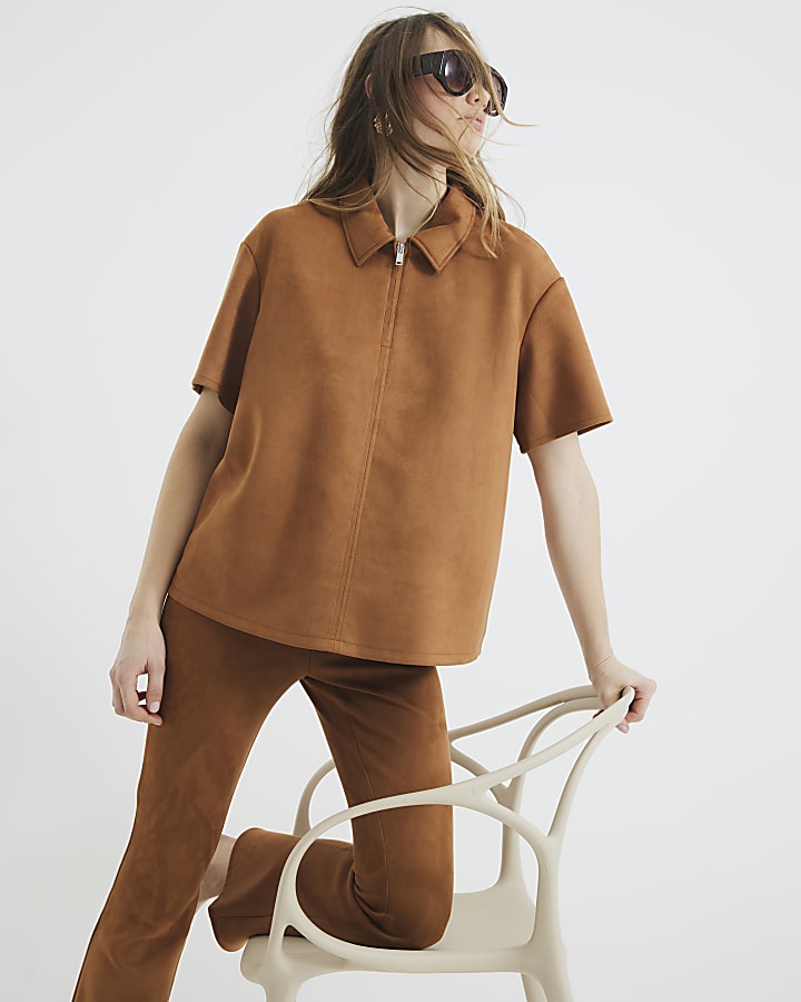 Brown Faux Suede Zip Through Shirt