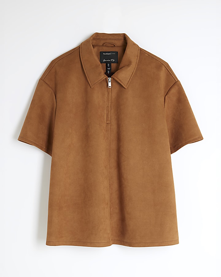 Brown Faux Suede Zip Through Shirt