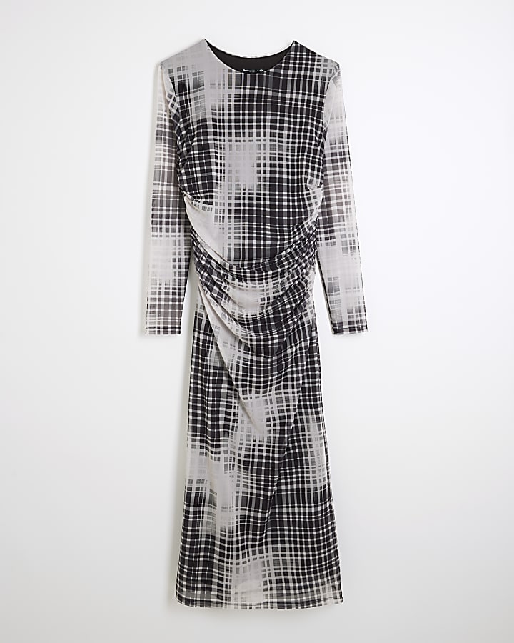 Beige Check Mesh Ruched Midi Dress