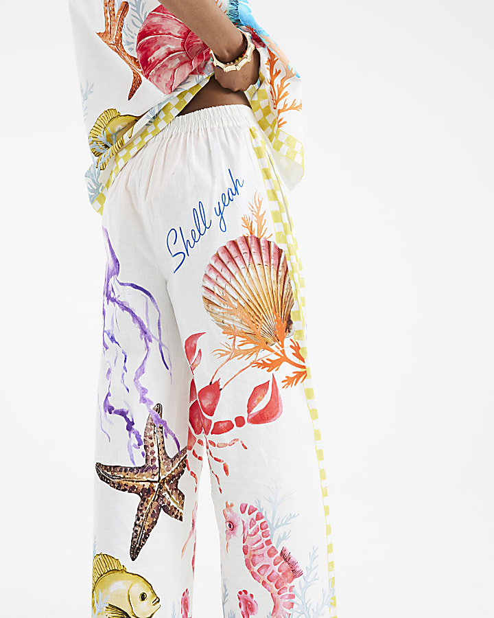 Cream Tropical Print Wide Leg Trousers