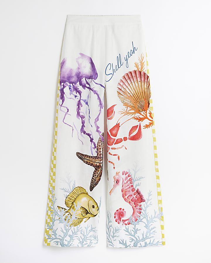Cream Tropical Print Wide Leg Trousers