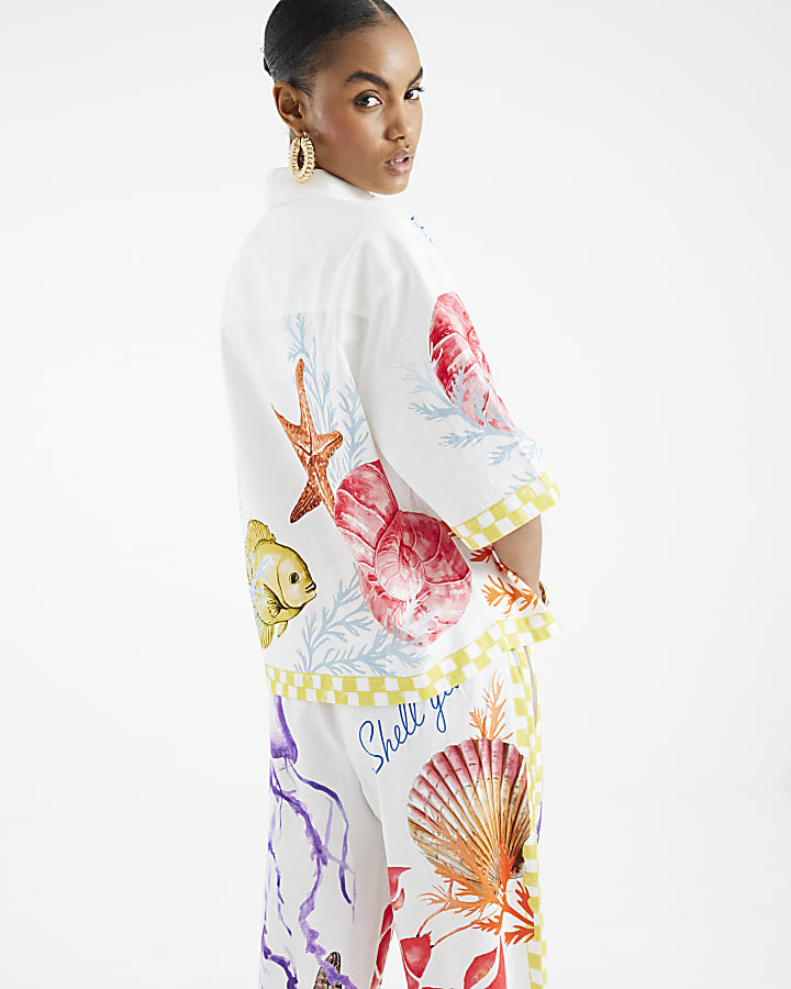 Cream Long Sleeve Tropical Print Shirt
