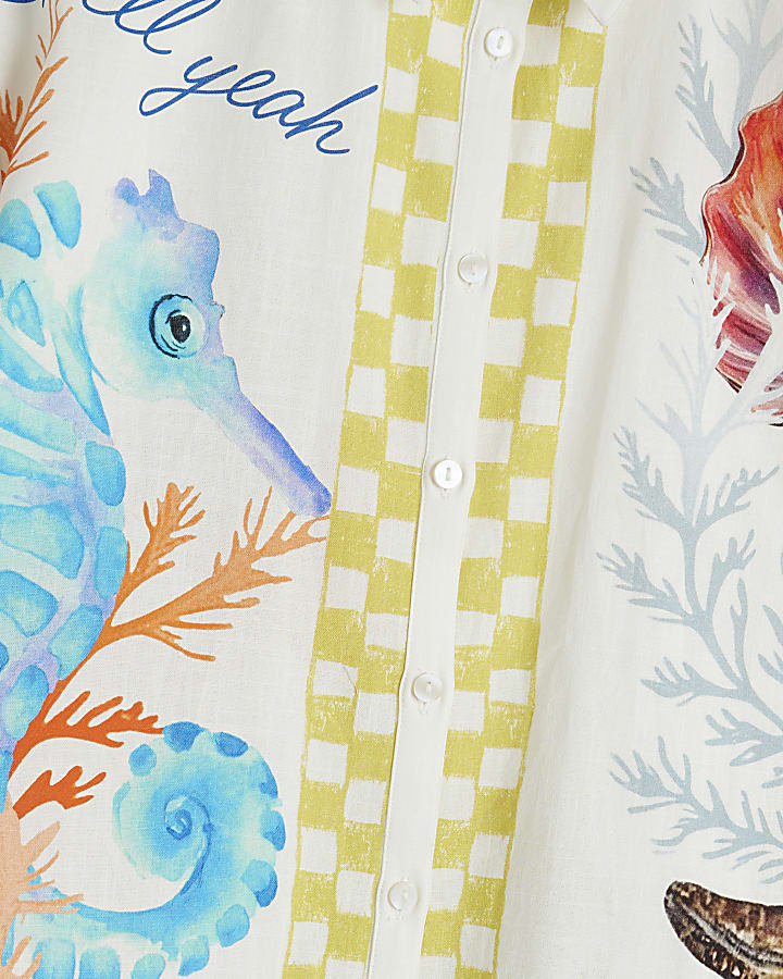 Cream Long Sleeve Tropical Print Shirt