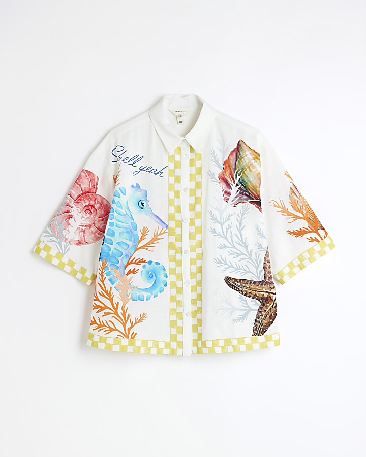 Cream Long Sleeve Tropical Print Shirt