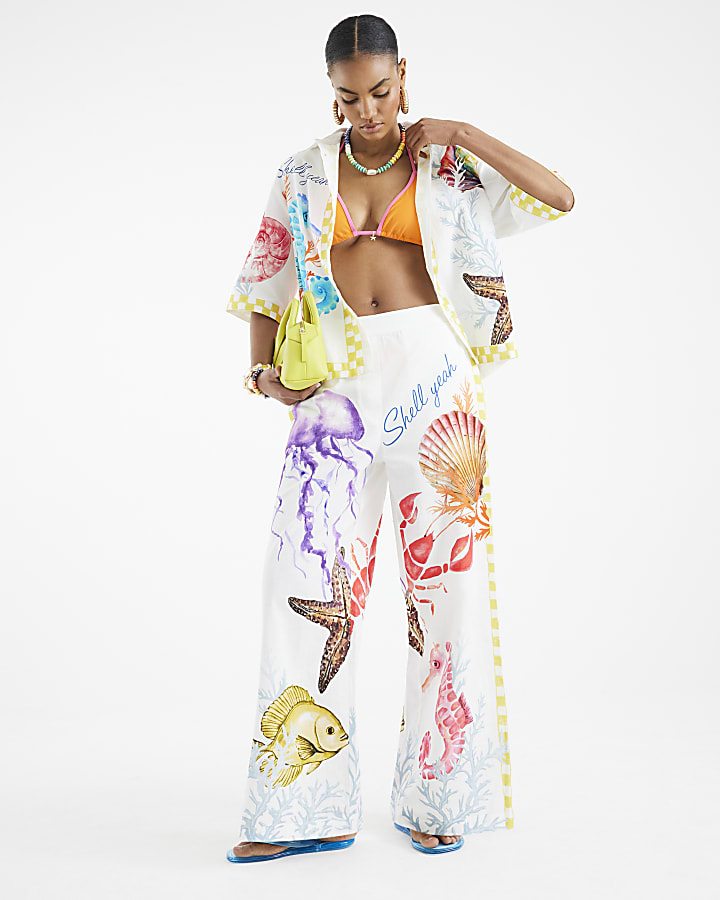 Cream Long Sleeve Tropical Print Shirt