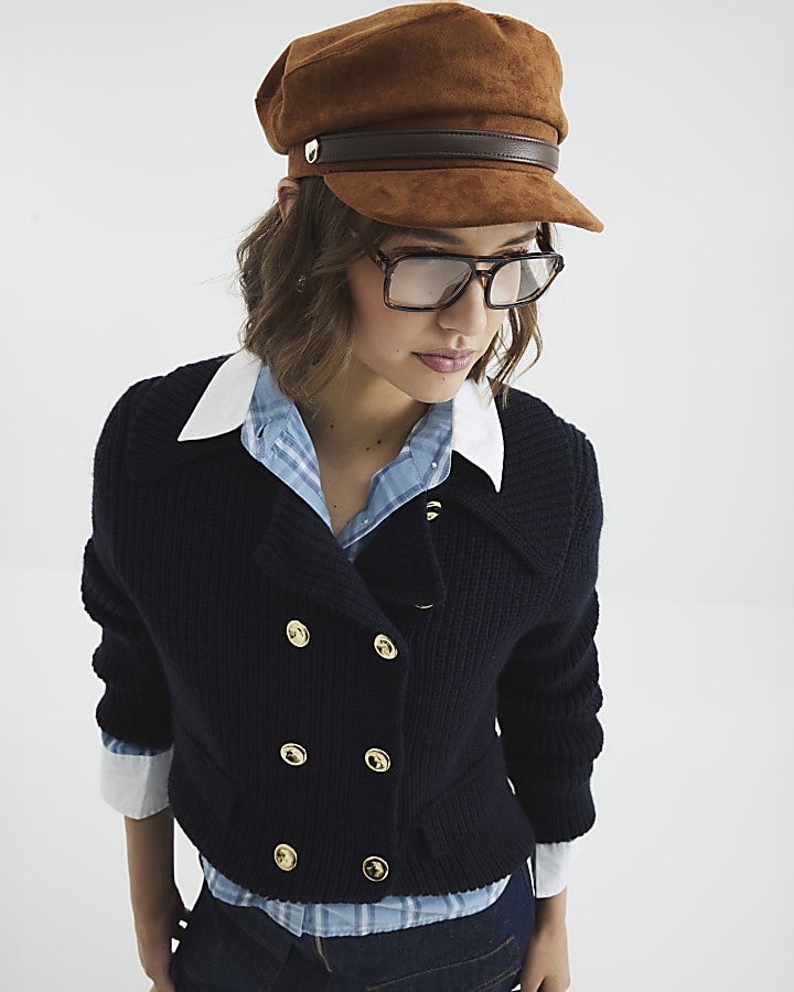 Brown Faux Suede Snaffle Baker Boy Hat