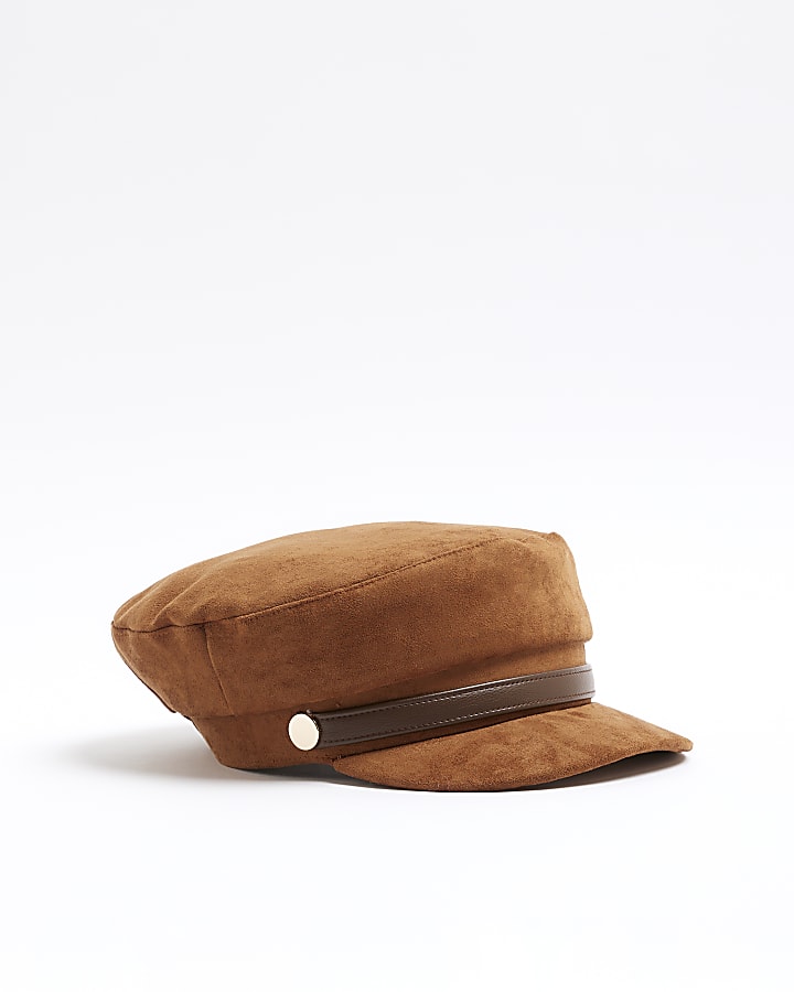 Brown Faux Suede Snaffle Baker Boy Hat